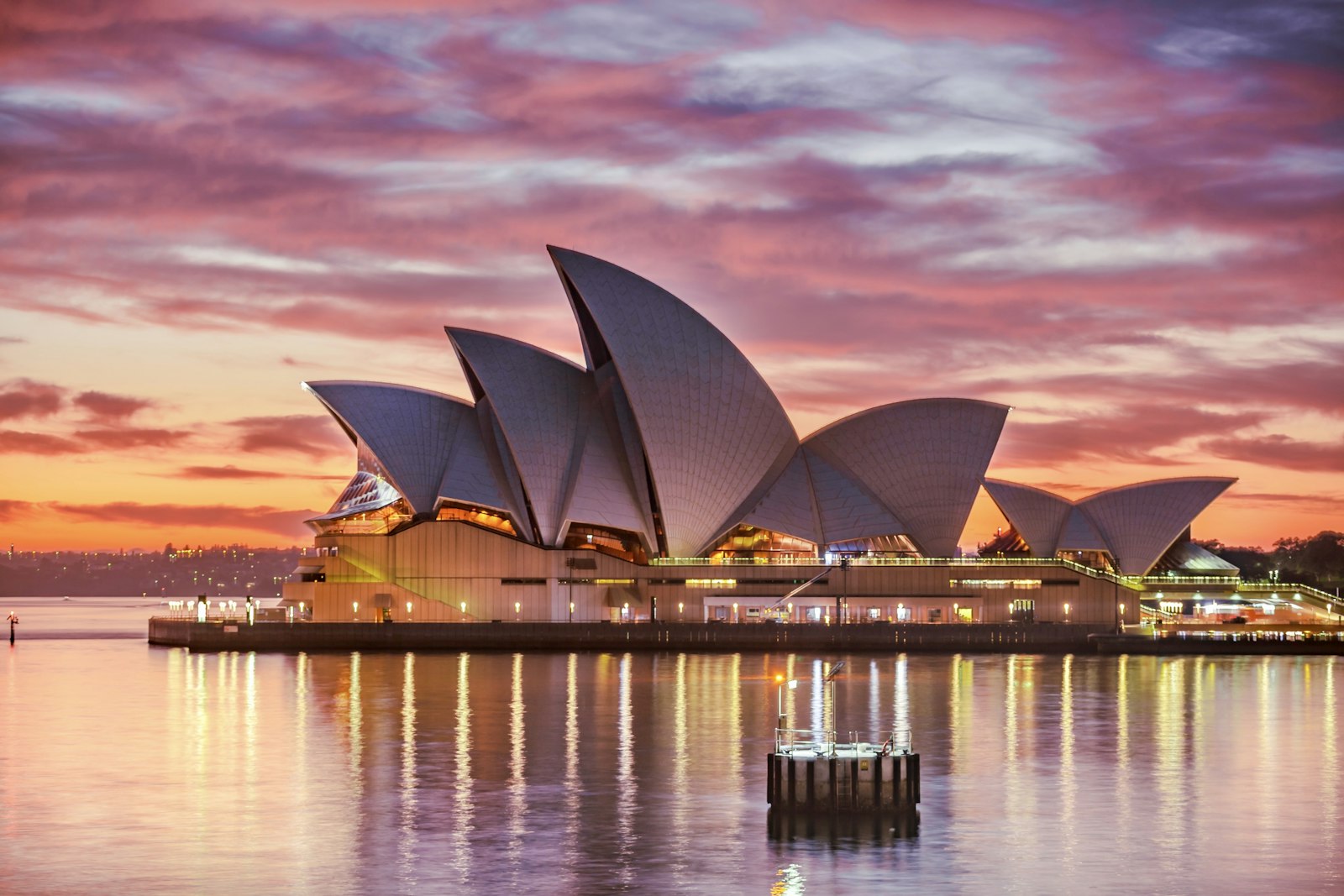 Sydney Opera House and harbour at sunset
